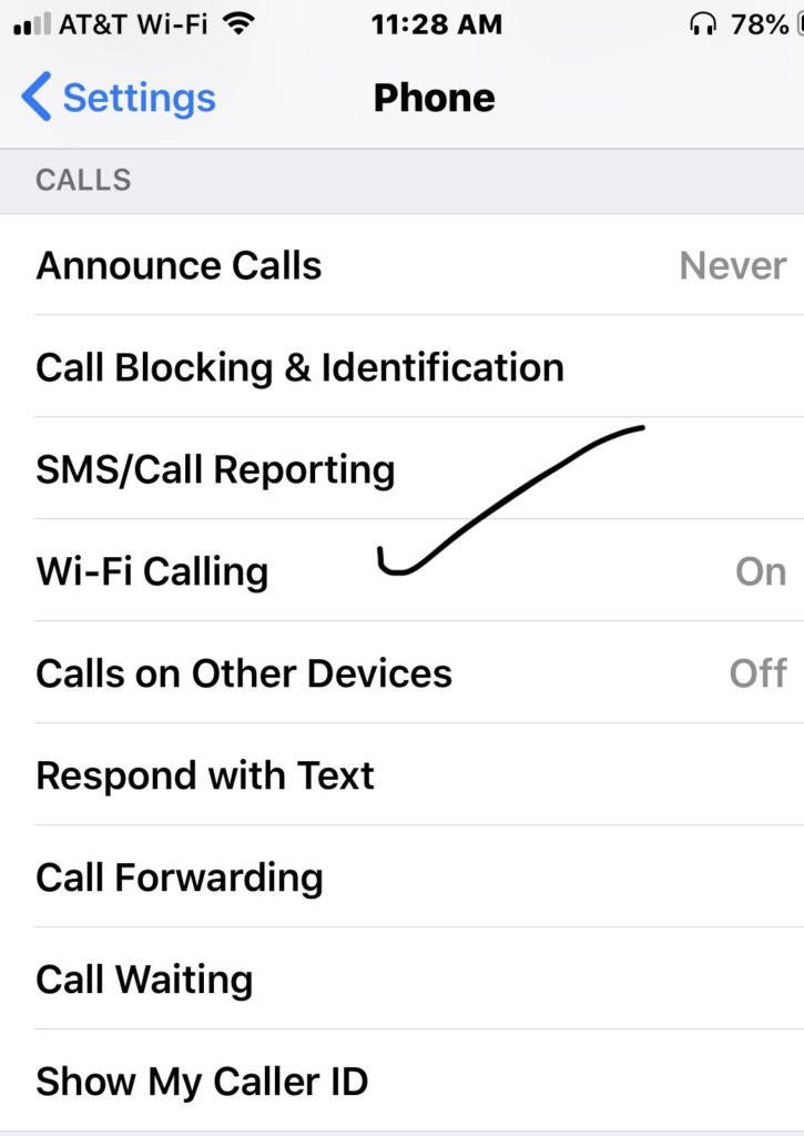 screenshot of enabling Wi-Fi calling on iPhone