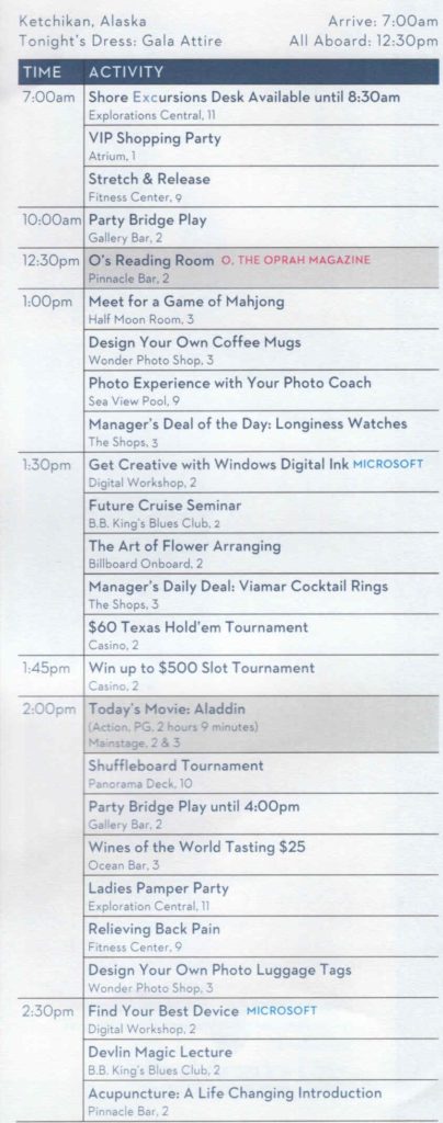 Daily Programs from an Alaska Cruise on Eurodam Days 6-7