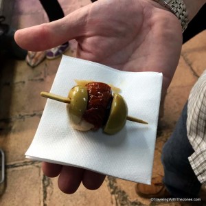Olive and pepper skewer, Devour Barcelona Food Tour