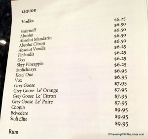 vodka list, Holland America Nieuw Amstersdam