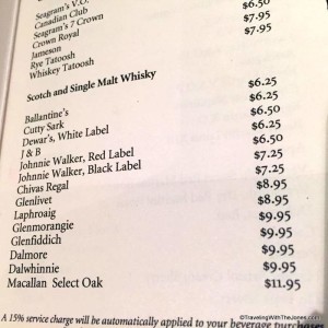 whiskey list, Holland America Nieuw Amstersdam