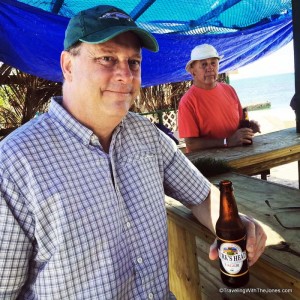 Having a Turk's Head beer at John's Ocean View Bar, Grand Turk Island