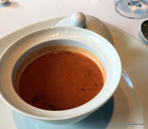 Tomato Spicy Lemongrass Chicken soup on the lunch menu at the Pinnacle Grill, Holland America Line, Zuiderdam