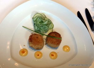 Dungeness Crab Cakes appetizer on the lunch menu at the Pinnacle Grill, Holland America Line, Zuiderdam