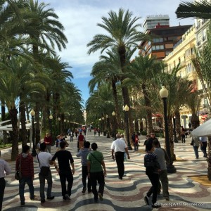 the waved promenade is shaded by rows of palm trees in Alicante, Spain