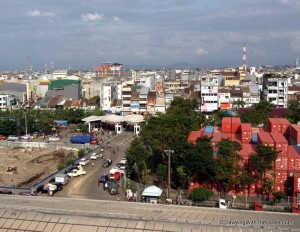 looking out from the Amsterdam cruise ship onto the port of Makassar, Indonesia