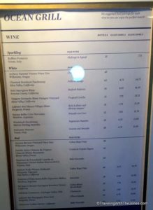 wine list, Ocean Grill restaurant, Fathom Adonia