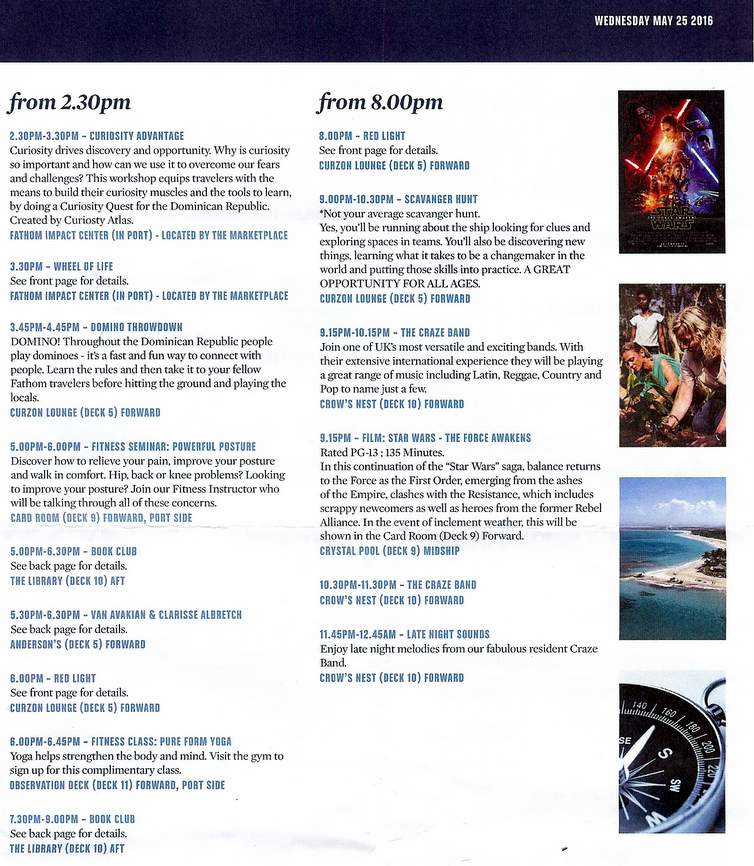 Fathom DR cruise daily program, day 4, evening