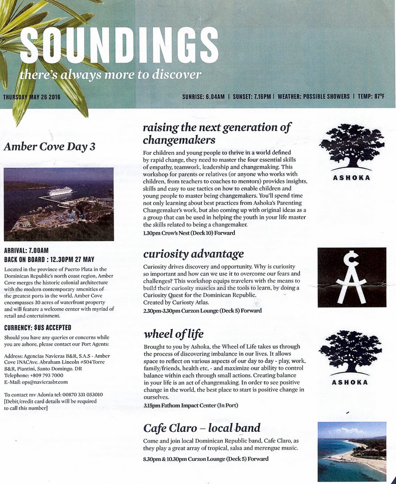 Fathom DR cruise daily program, day 5, front cover