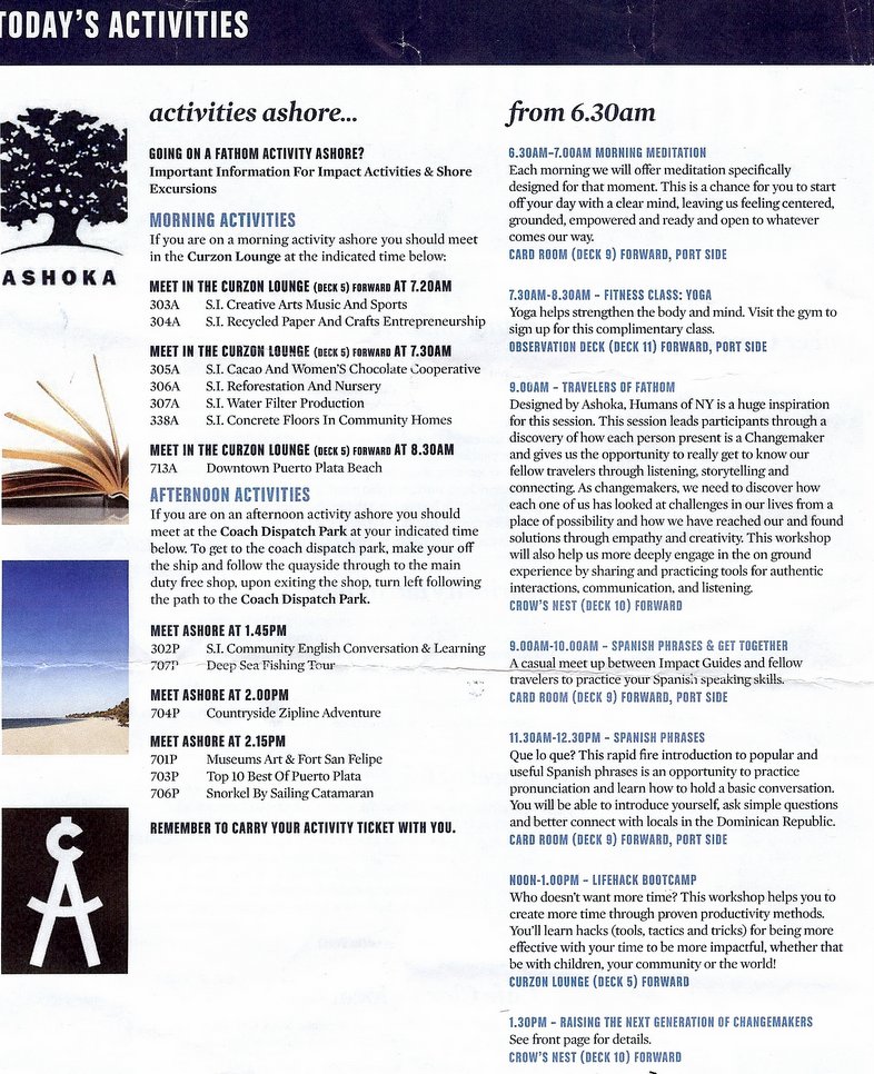 Fathom DR cruise daily program, day 5, (morning)