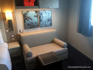 sofa, stateroom 11001, Koningsdam cruise ship, Holland America