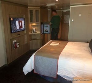 flat screen tv and refrigerator, stateroom 11001, Koningsdam cruise ship, Holland America