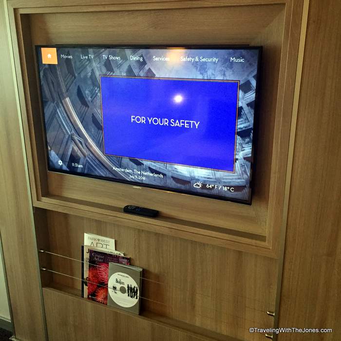 safety video in stateroom, Koningsdam, Holland America Line