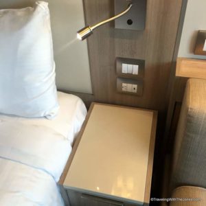 bedside plugs and USB ports, stateroom 11001, Koningsdam cruise ship, Holland America