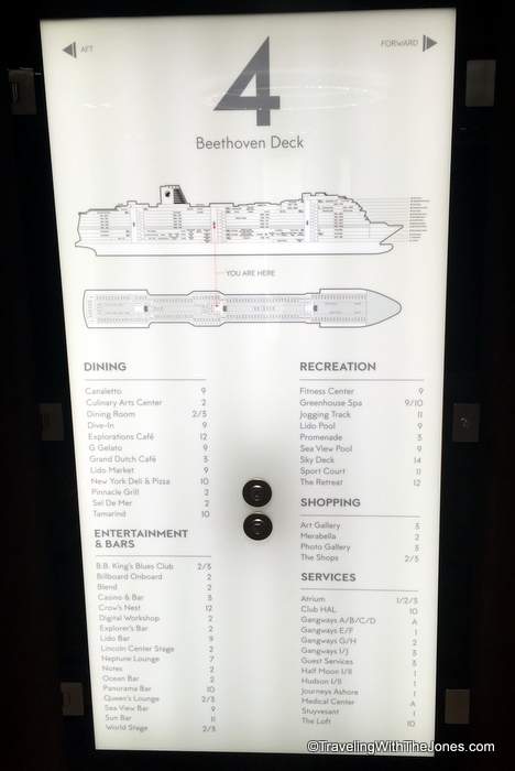 elevator directory signs, ms Koningsdam, Holland America Line