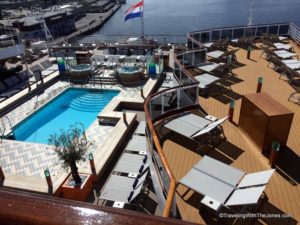view from Panorama Deck overlooking Sea View Pool, Koningsdam, Holland America Line