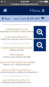 De Librije menu, Navigator app, Holland America Line ms Koningsdam