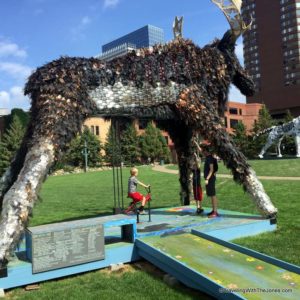 animated moose sculpture of recycled materials, Minneapolis, Minnesota