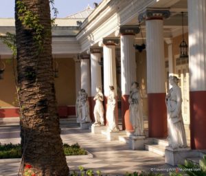 courtyard with marble statues of the muses, Achilleion palace, Corfu, Greece