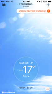 the temperature is minus 17 degrees F in Fairbanks, Alaska