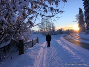 Walking along First Ave, in February, in Fairbanks, Alaska