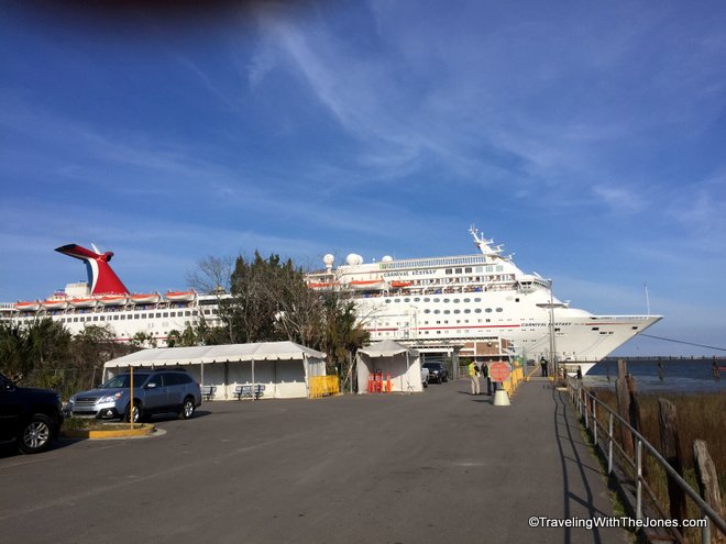 The Carnival Ecstasy cruise ship preparing to depart from Charleston, South Carolina.