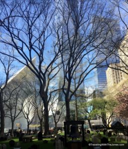View of One World Trade Center from the cemetery of St. Paul's Chapel