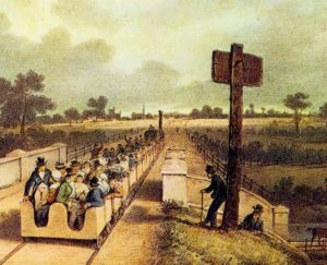 Inaugural journey of the Liverpool and Manchester Railway in 1830, the first ever commercial railway line.