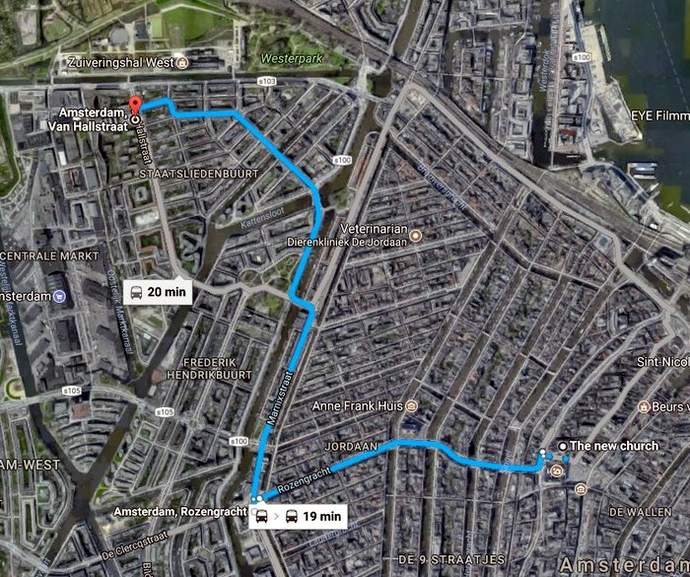 tram route to Mossel & Gin, from central Amsterdam