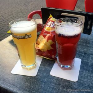 Hoegaarden white wheat and Hoegaarden Rosée fruit beer in Antwerp, Belgium