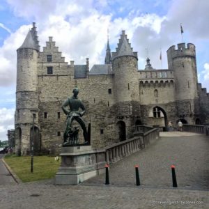 Lange Wapper statue in front of Het Steen castle, Antwerp, Belgium