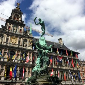 Brabo statue in front of Town Hall, Antwerp., Belgium