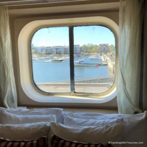 view of Charlottetown, PEI from cabin on Veendam cruise ship