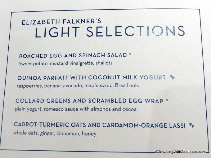 Menu, Elizabeth Falkner's Light Selections, Holland America, Nieuw Statendam