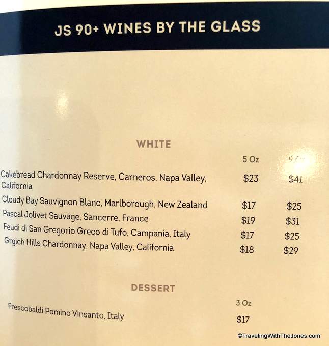 White and Dessert wines, JS 90+ Wines by the Glass, Holland America's Nieuw Statendam