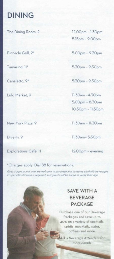 Dining schedule for Day 1 of 7-day cruise to Alaska on Holland America's Eurodam