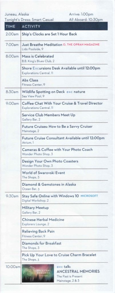 Day 3, morning schedule for Eurodam in Alaska
