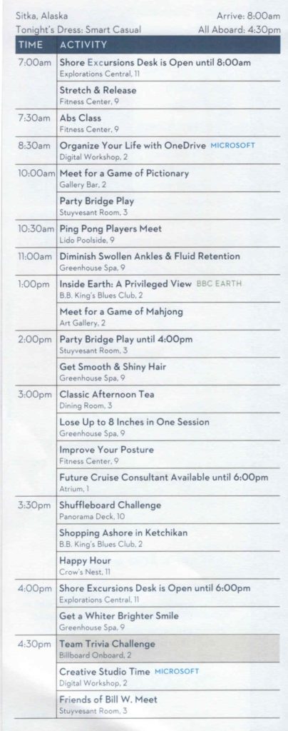 page 2, Day 5 Daily Programs Eurodam Alaska cruise