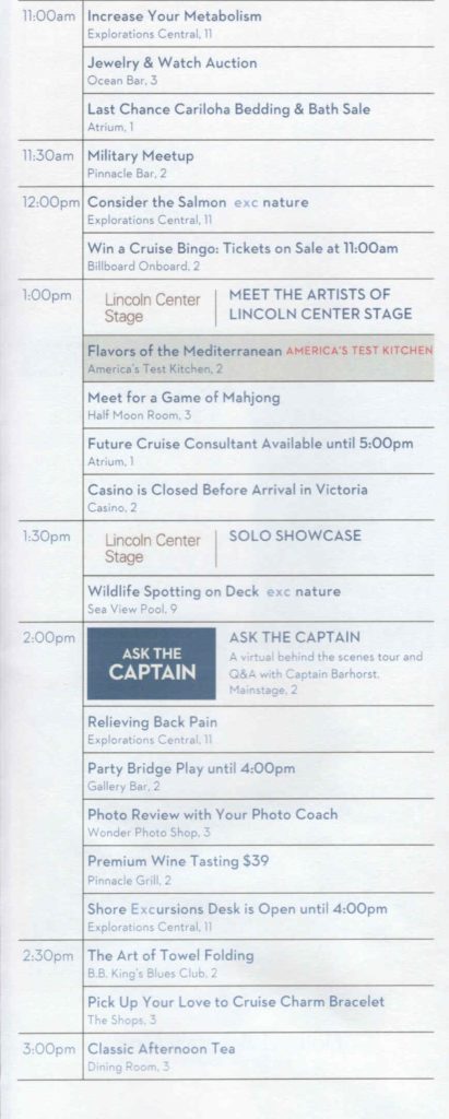 Day 7, Page 3, Daily Programs- Eurodam Alaska cruise